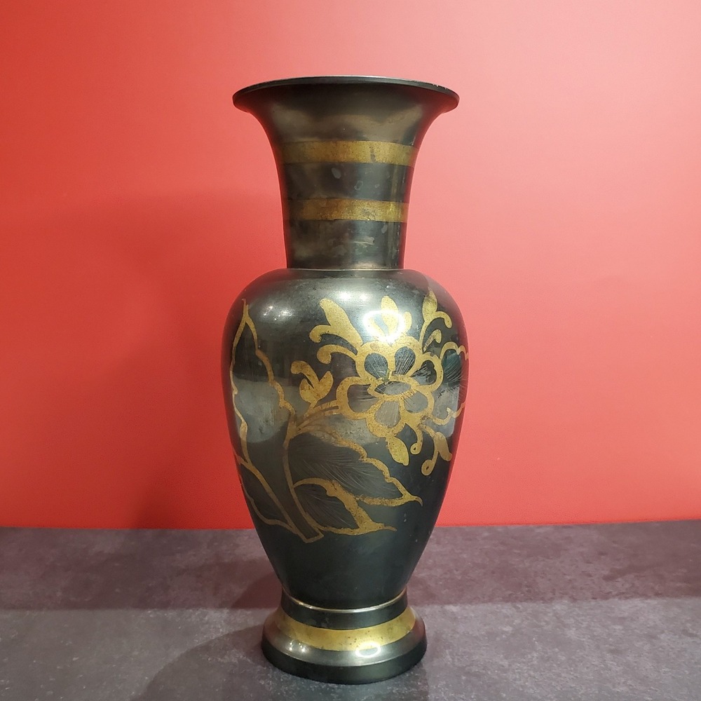 Vintage Hand-Etched Black & Gold Brass‎ Vase Made in India Mid-Century Decor
